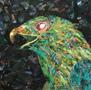 Un aigle aux plumes vertes, végétales et animales. Le nid dans son oeil nous intrigue et nous dérange.