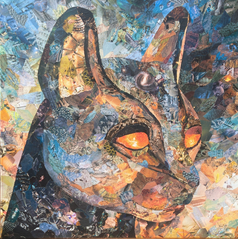 Tête de chat aux yeux flamboyants et aux reflets métalliques, déesse Bastet protectrice ou destructrice de l'humanité
