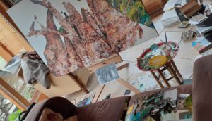 Collage Brocéliande en cours de réalisation, étape 4, vue de l'atelier