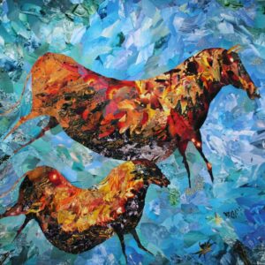 Des chevaux de feu, inspirés des peintures rupestres de Lascaux, sur fond marin