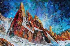 Une fresque lumineuse représentant le Cerro Torre. Des jaunes éclatants, la mer est présente, et aussi de la peau de serpent, des peintures rupestres, l'oeil d'un cheval, le pelage d'un tigre, des dunes, des bas reliefs, une guitare...