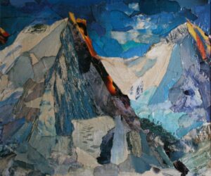 Premier collage, fait le lendemain d'une sortie à skis au pied du Charvin. La lumière du lever de soleil en hiver. Trois alpinistes decendent l'arête