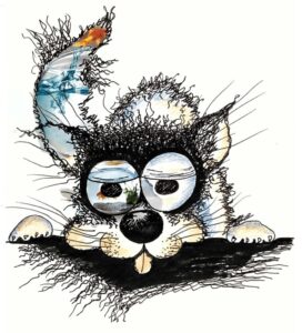 Chiot dépressif à l'oreille bleue, dessin à l'encre et collage