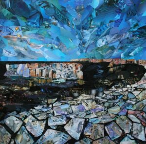 Un iceberg fait de buildings, sur une mer noire huileuse. La banquise fond, elle est faite de de roues et de morceaux de pneus