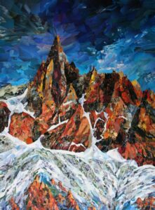 Dru's dream, collage papier sur carton bois, 120x180 cm Collage représentant les aiguilles des Drus, près de Chamonix. Des animaux marins nous rappellent que les montagnes sont issues de la mer : oursins, murènes, anémones de mer sont dans la roche.Dans la neige, on voit les perles de colliers africains, des vagues, des poils de caribous.