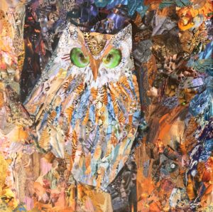 Une chouette aux yeux verts, déesse de la sagesse nous questionne sur notre responsabilité dans la perte de la biodiversité