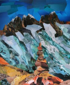 Un caïrn devant un paysage glaciaire. C'est le dernier repère pour nous montrer le chemin de la sagesse des temps anciens, alors que le réchauffement climatique à remplacé les glaciers par la mer, et que les sommets des montagnes sont devenus des traces d'écume des vagues qui se brisent sur la plage.