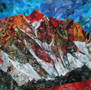 Un tableau pour la défense des droits de l'homme au Tibet : des visages tibétains et des mains en signe de paix dans les montagne, des armes et des soldats dans la vallée.