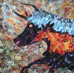 Un taureau inspiré des peintures rupestres de Lascaux, sur fond d'étoiles et constellations