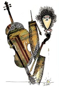 Un corbeau échevellé, sur le manche d'une guitare perché, ...