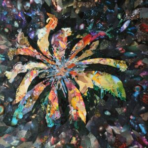 Une explosion de couleurs sur un fond noir de galaxies, image évoquant ausssi les fonds marins
