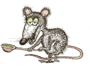 Dessin humoristique à l'encre, rat tenant une cuillère