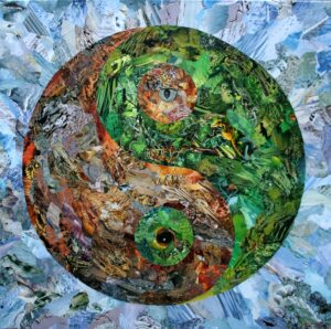 Symbole Yin-Yang, végétal et animal, sur un fond minéral