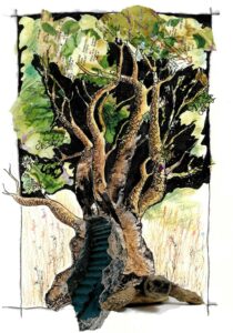 un arbre aux tons sombres, dessiné à l'encre, ses feuilles sont faites de cartes géographiques