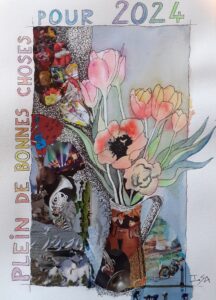 Carte de voeux 2024, collage et bouquet à l'aquarelle