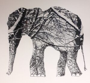 Eléphant noir et blanc, collage et encre