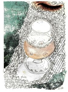 Dessin d'un verre de bière, sur fond de pluie et d'attestations covid