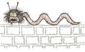 Dessin humoristique à l'encre, vers poilu sur un mur