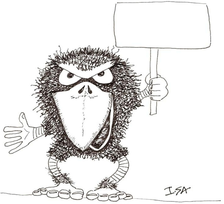 Corbeau grognon, tenant une pancarte pour manifester. La pancarte est blanche, à compléter...